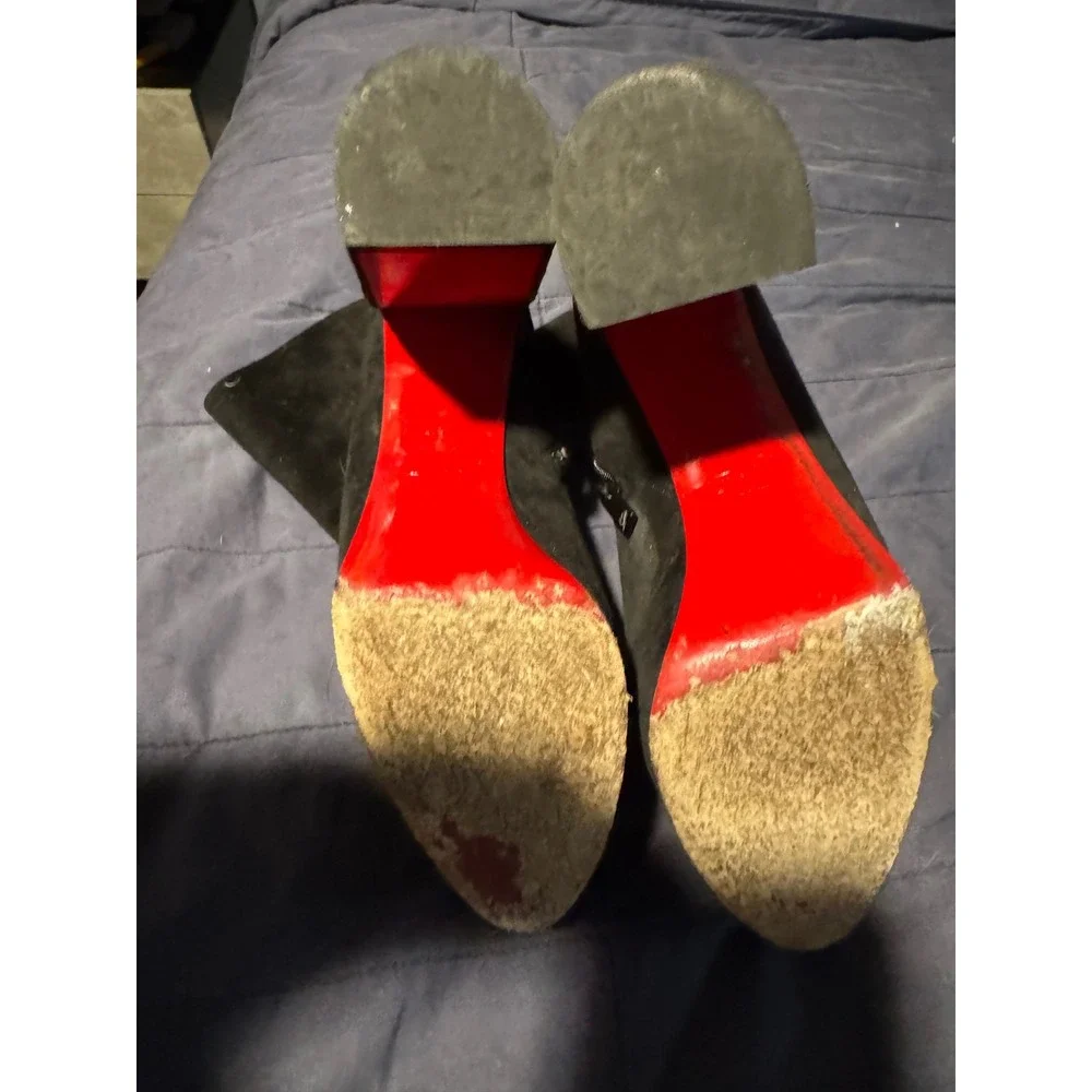 Christian Louboutin Black Suede Platform Block Heel Ankle Boots Red Bottoms 39.5
